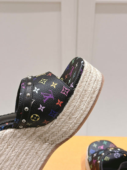 LV Women Black Leather Espadrille Wedge Sandals