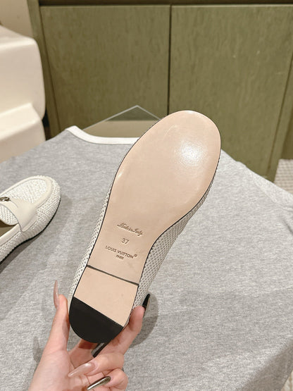 LV Women White Leather Studded Loafers