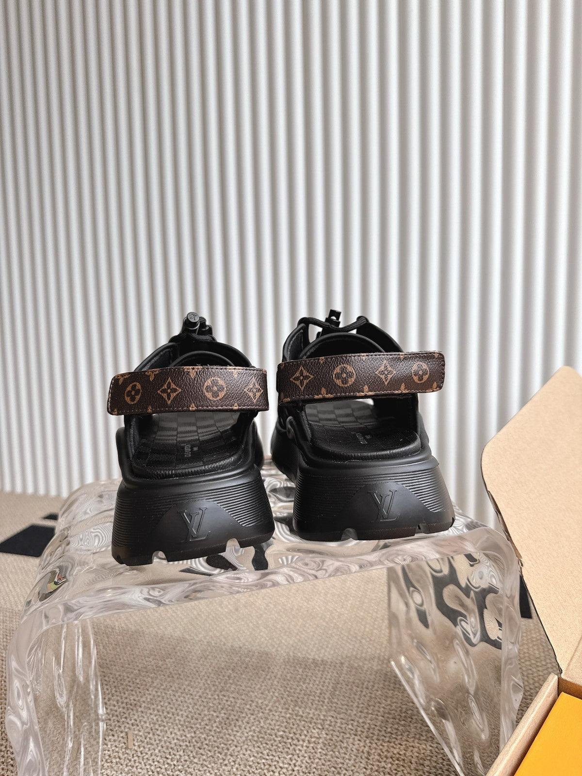 LV Women Black Leather Sporty Sandals