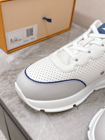 LV Women White Leather Sneakers With Blue Accents