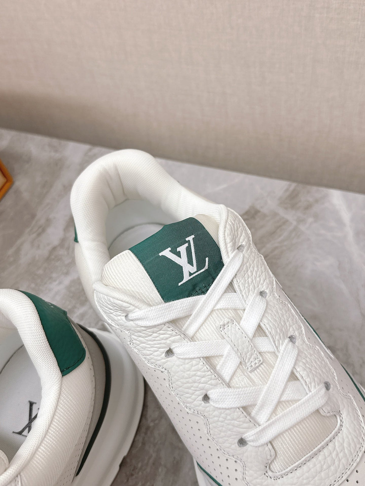 LV Women White Leather Green Accent Sneakers