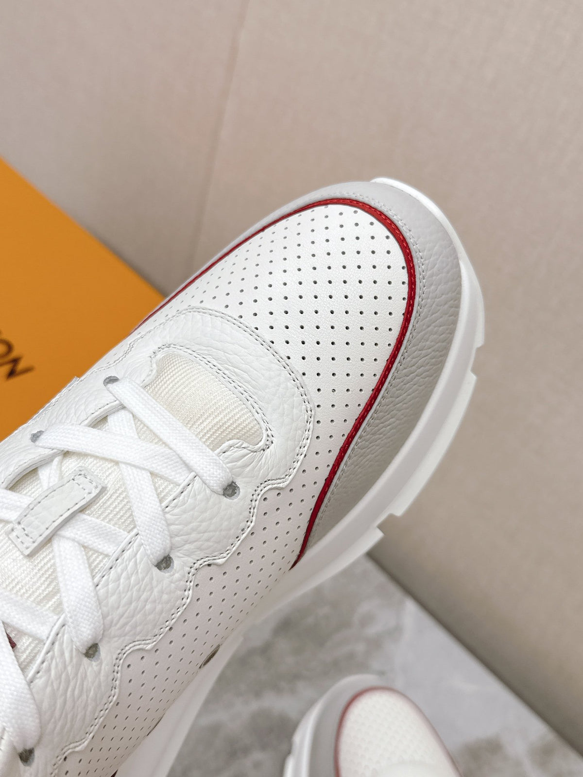 LV Women White Leather Red Accent Sneakers