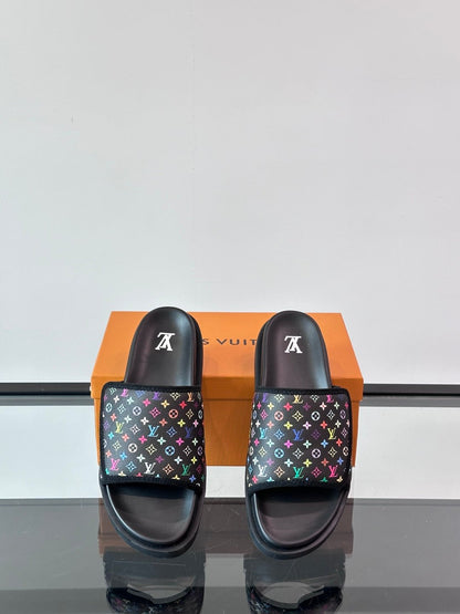 LV Men Black Canvas Multicolor Print Slides