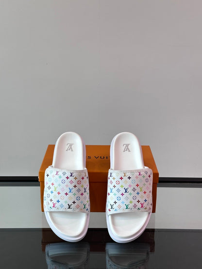 LV Men White Patterned Leather Slides