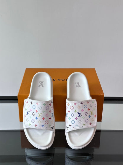 LV Men White Printed Fabric Slides