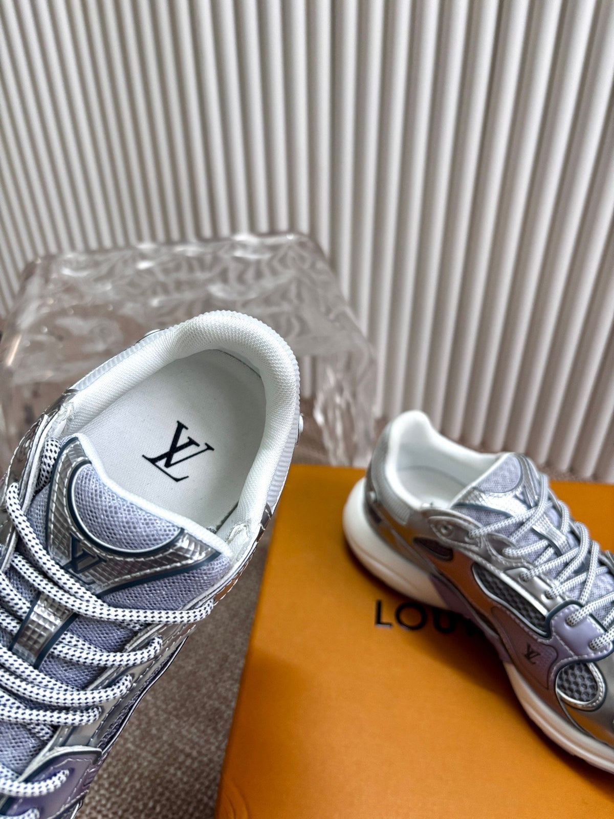 LV Women Silver Mesh And Leather Sneakers