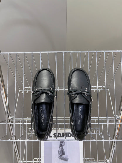 LV Women Black Leather Loafers