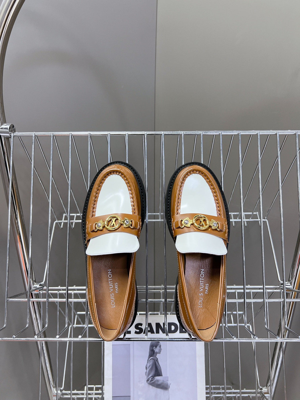 LV Women Brown White Leather Loafers
