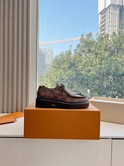LV Women Brown Checkered Leather Loafers