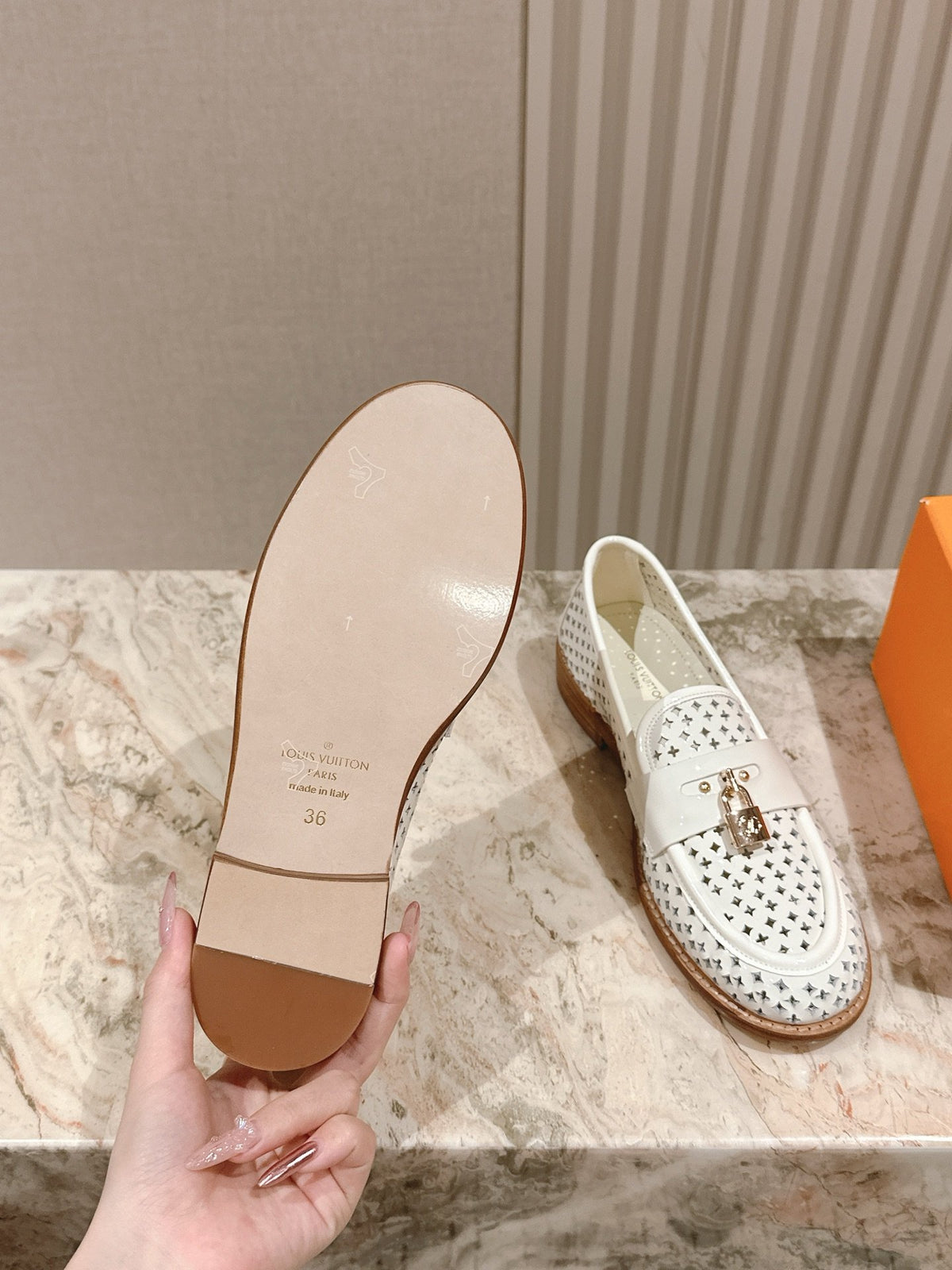 LV Women White Leather Loafers