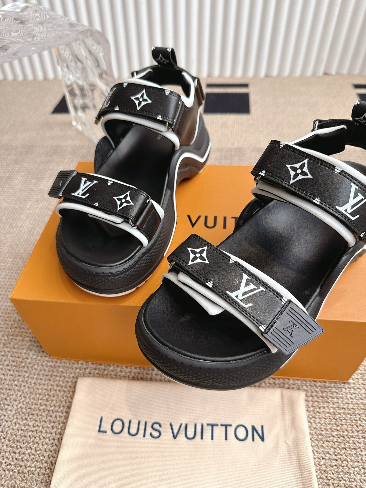 LV Women Black Synthetic Monogram Strap Sandals