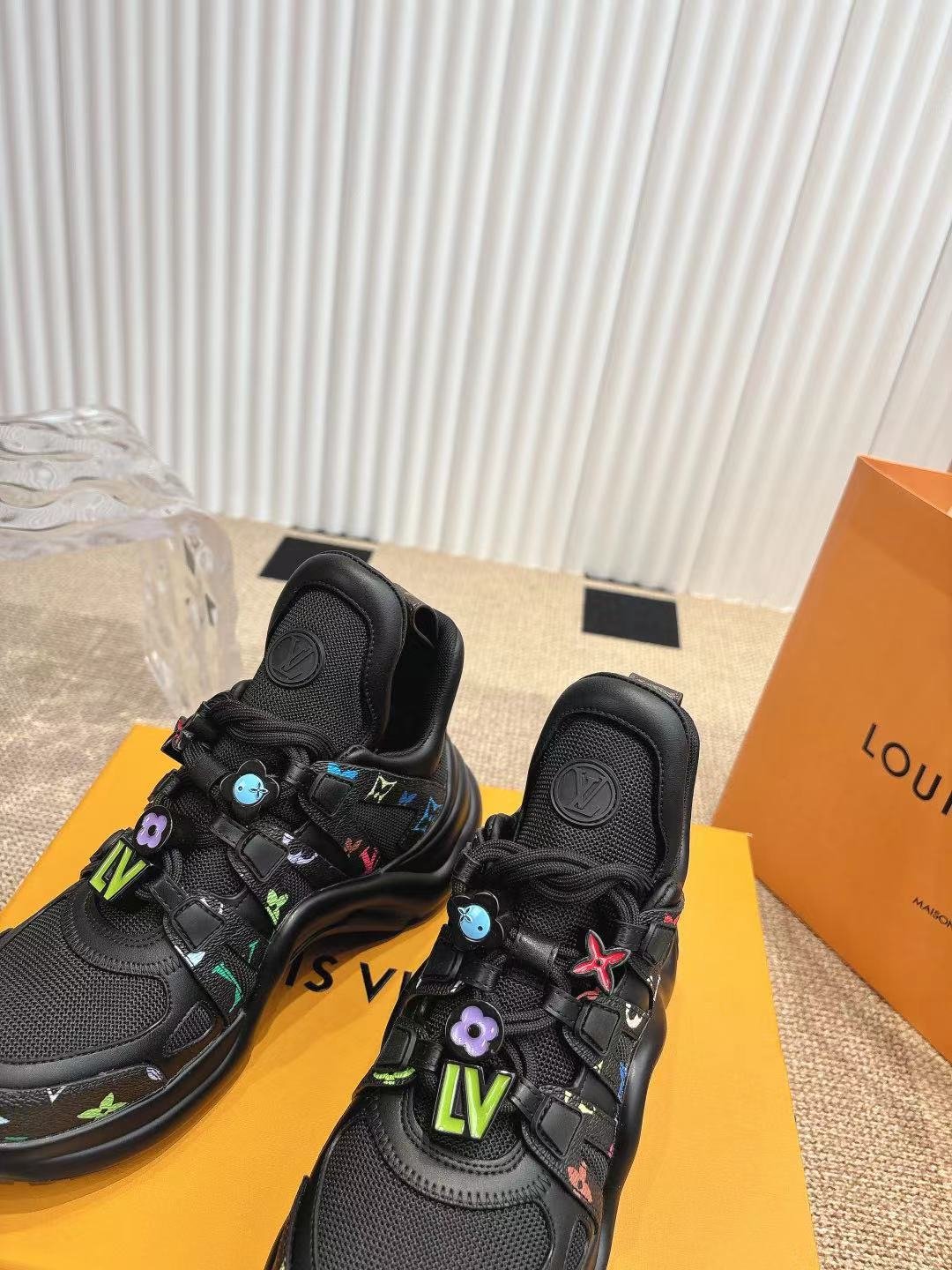 LV Women Black Mesh Multicolor Logo Sneakers