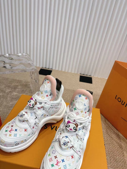 LV Women White Leather Multicolor Logo Sneakers