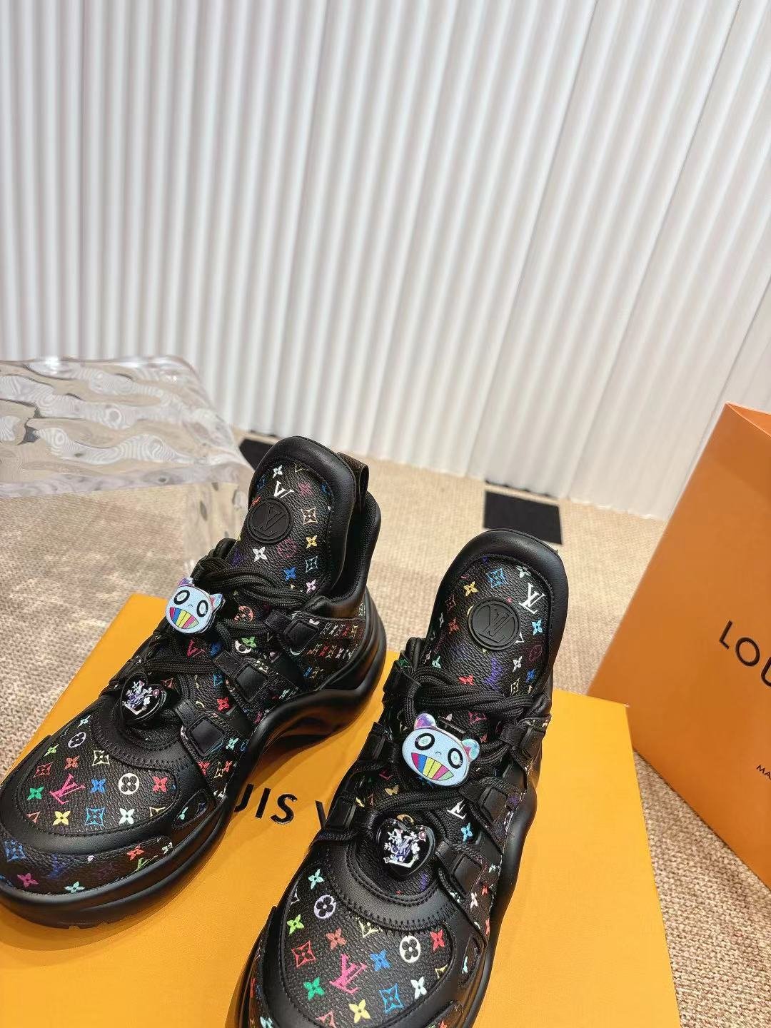 LV Women Black Leather Multicolor Logo Sneakers