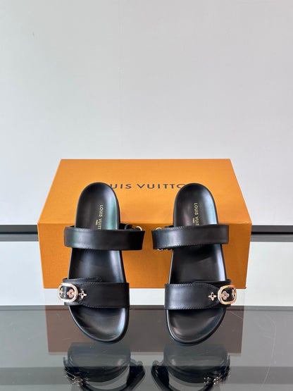 LV Men Black Leather Slides