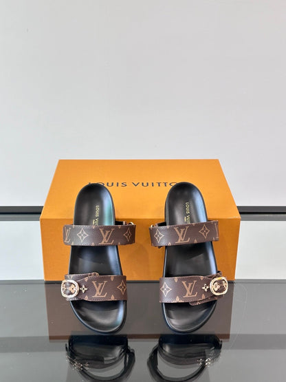 LV Men Brown Leather Logo Print Sandals