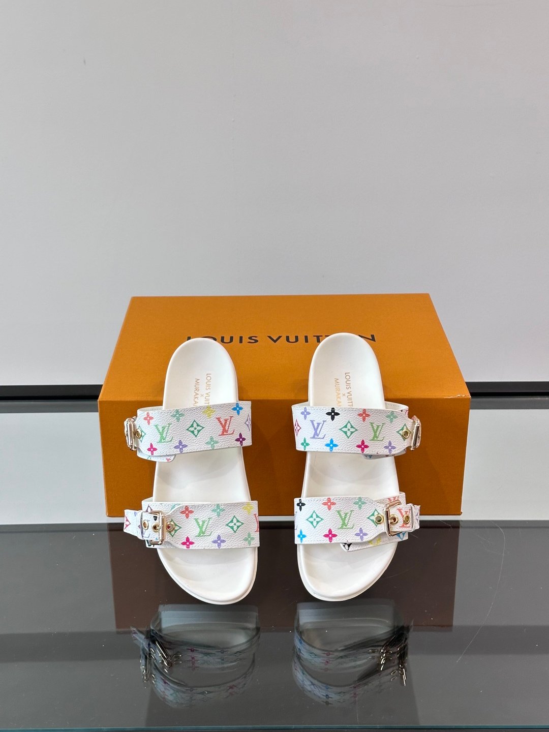 LV Men White Multicolor Pattern Leather Sandals