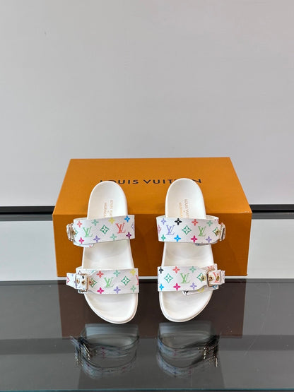 LV Men White Multicolor Pattern Leather Sandals