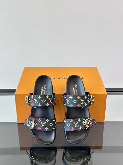 LV Men Black Leather Multicolor Monogram Slides