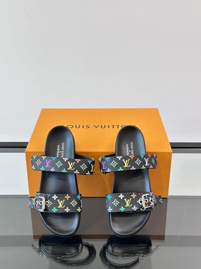 LV Men Black Multicolor Canvas Straps Sandals