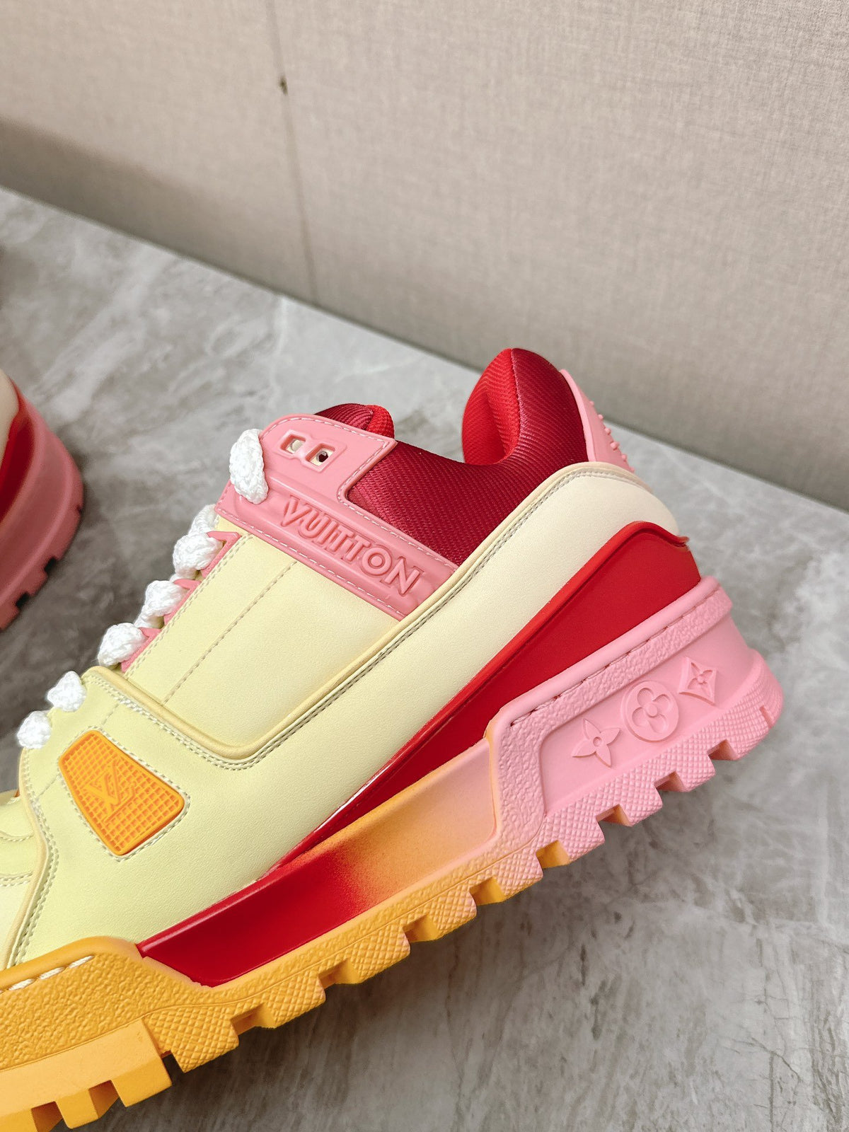 LV Women Yellow Leather Orange Accent Sneakers