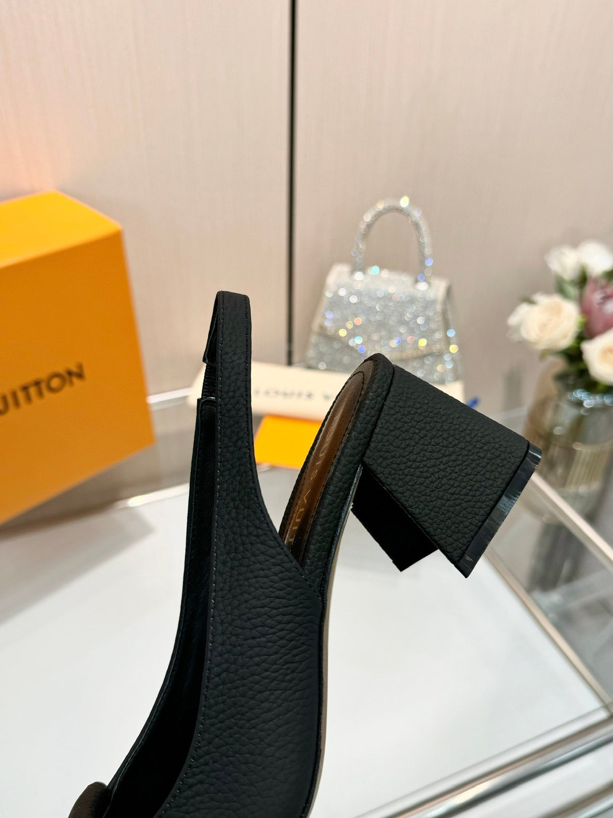 LV Women Black Leather Slingback Heels