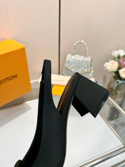 LV Women Black Leather Slingback Heels