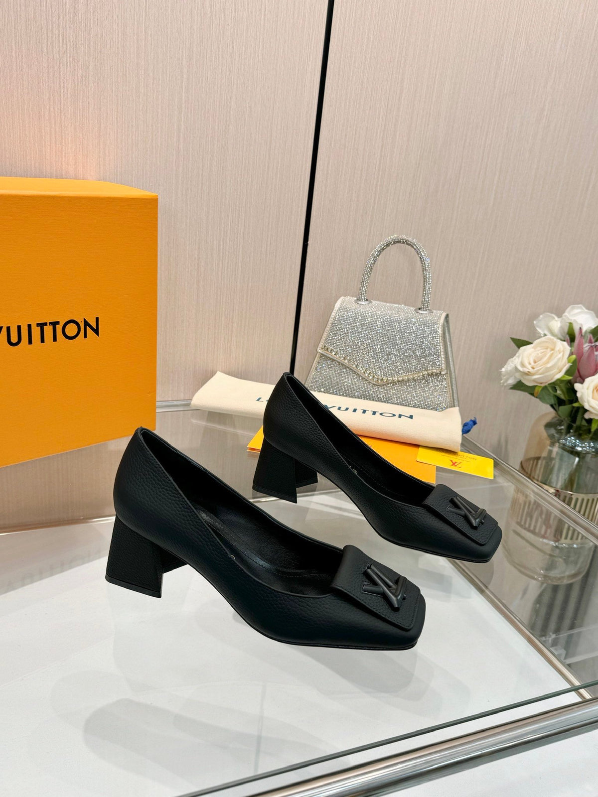 LV Women Black Leather Heels