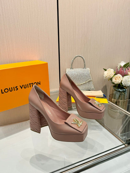 LV Women Pink Leather Quilted Block Heels