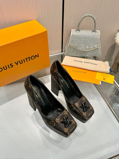 LV Women Brown Leather Platform Heels