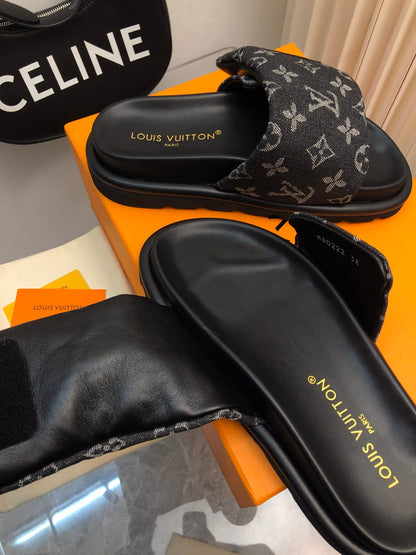 LV Women Black Canvas Monogram Slide Sandals