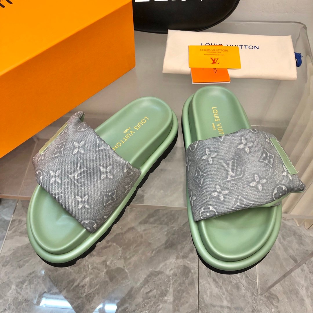LV Women Green Fabric Strap Slippers