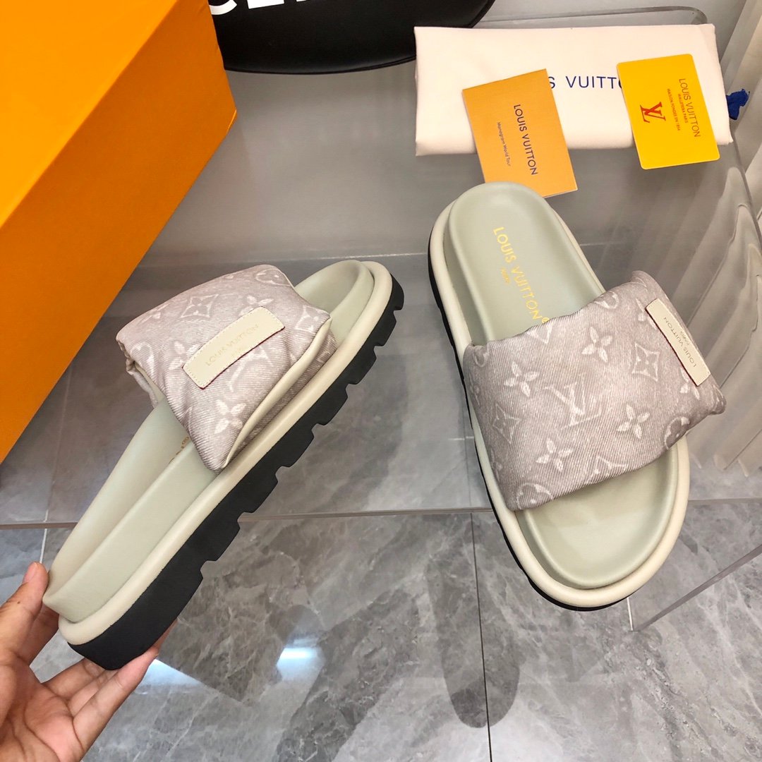 LV Women Light Gray Fabric Slides Sandals