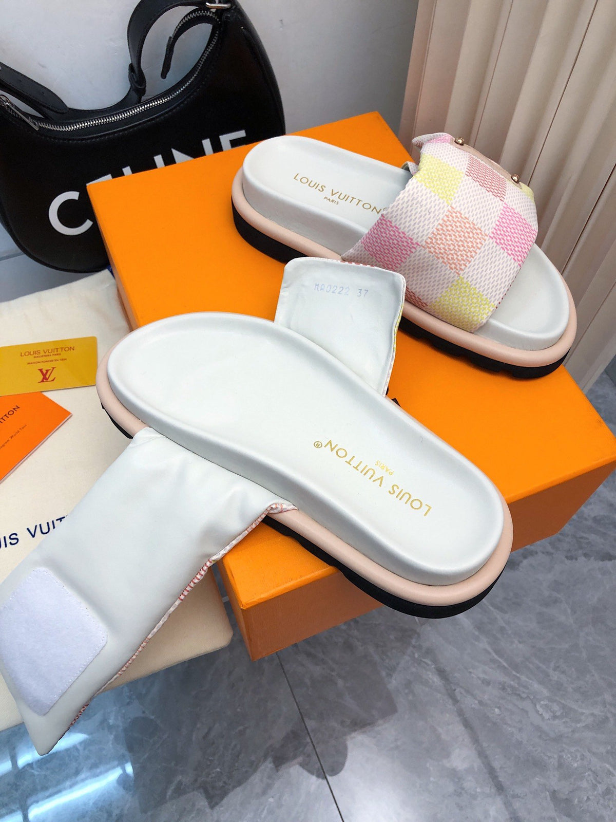 LV Women Pastel Checkered Fabric White Slide Sandals