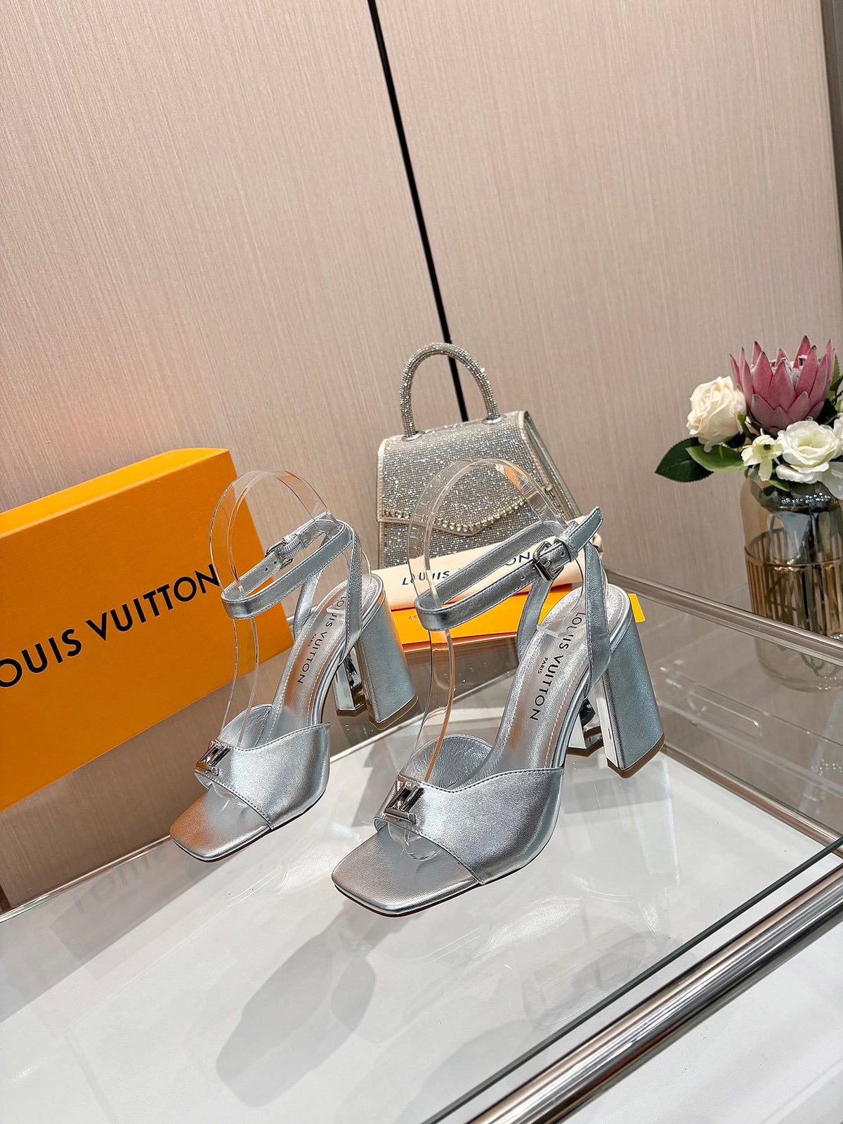 LV Women Silver Leather Heels
