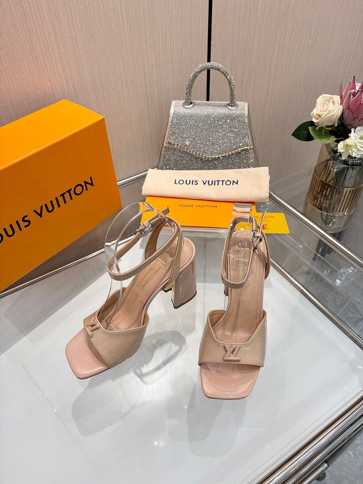 LV Women Nude Patent Leather Block Heels