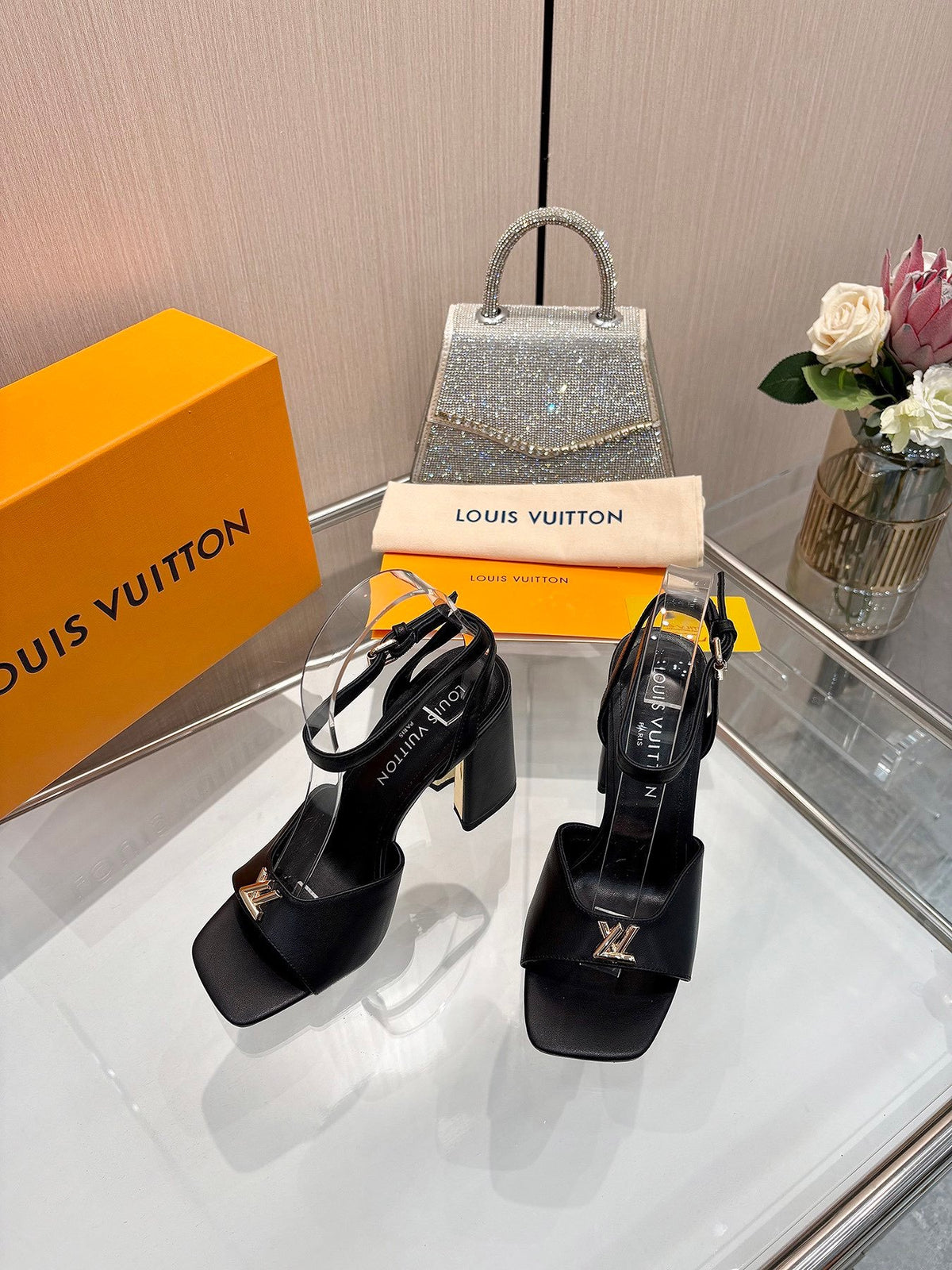 LV Women Black Leather Heels