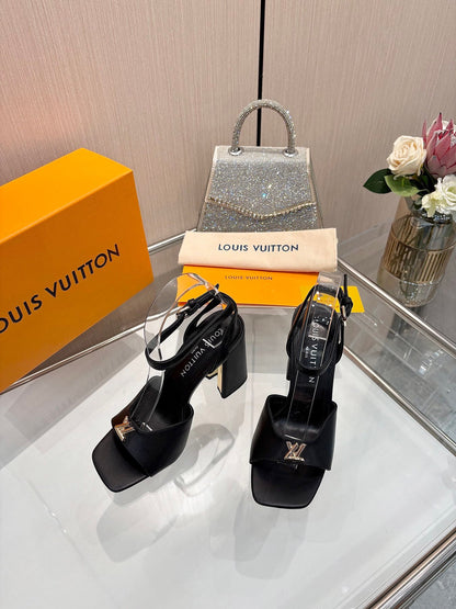 LV Women Black Leather Heels