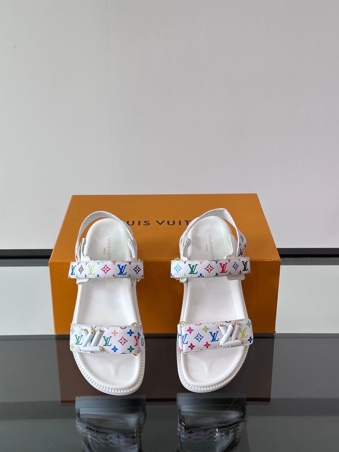 LV Men White Canvas Multicolor Logo Sandals