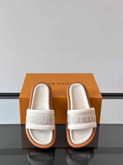 LV Men Beige Fabric Slides With Brown Sole