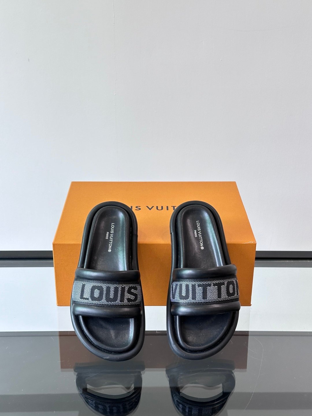 LV Men Black Fabric Strap Slide Sandals