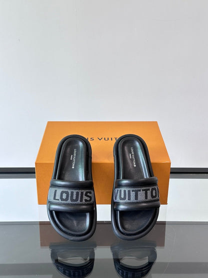 LV Men Black Fabric Strap Slide Sandals
