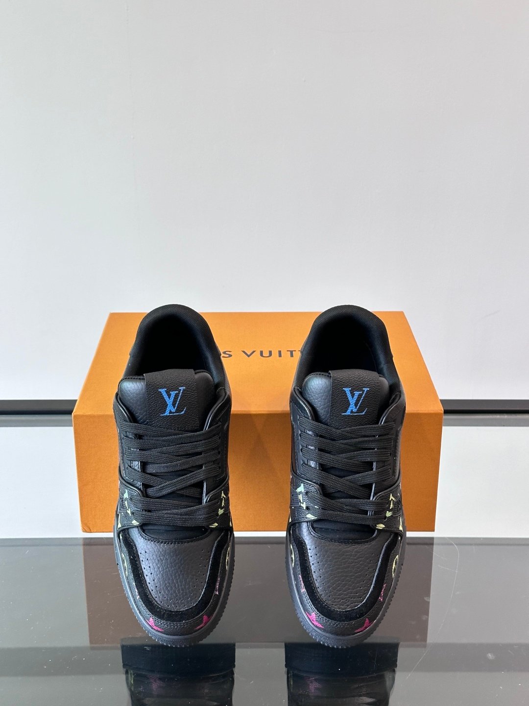 LV Men Black Leather Sneakers With Multicolor Accents