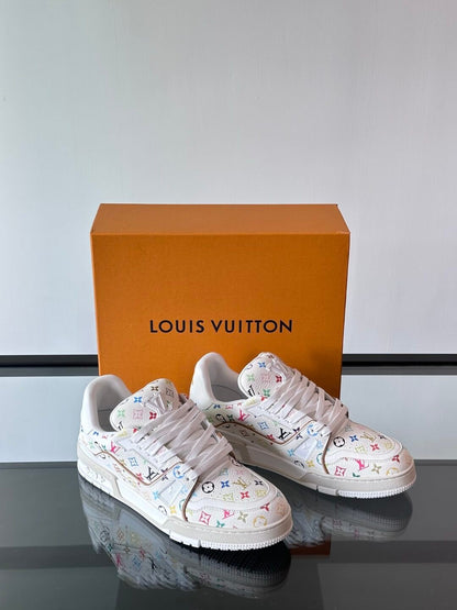 LV Men White Leather Multicolor Monogram Sneakers