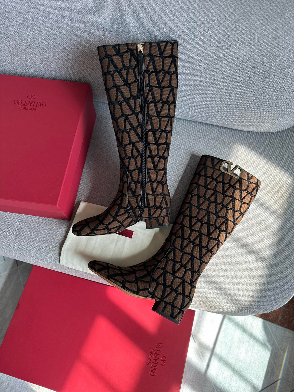 Valentino Women Brown Patterned Fabric Boots