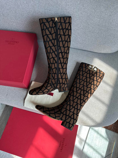 Valentino Women Brown Patterned Fabric Boots
