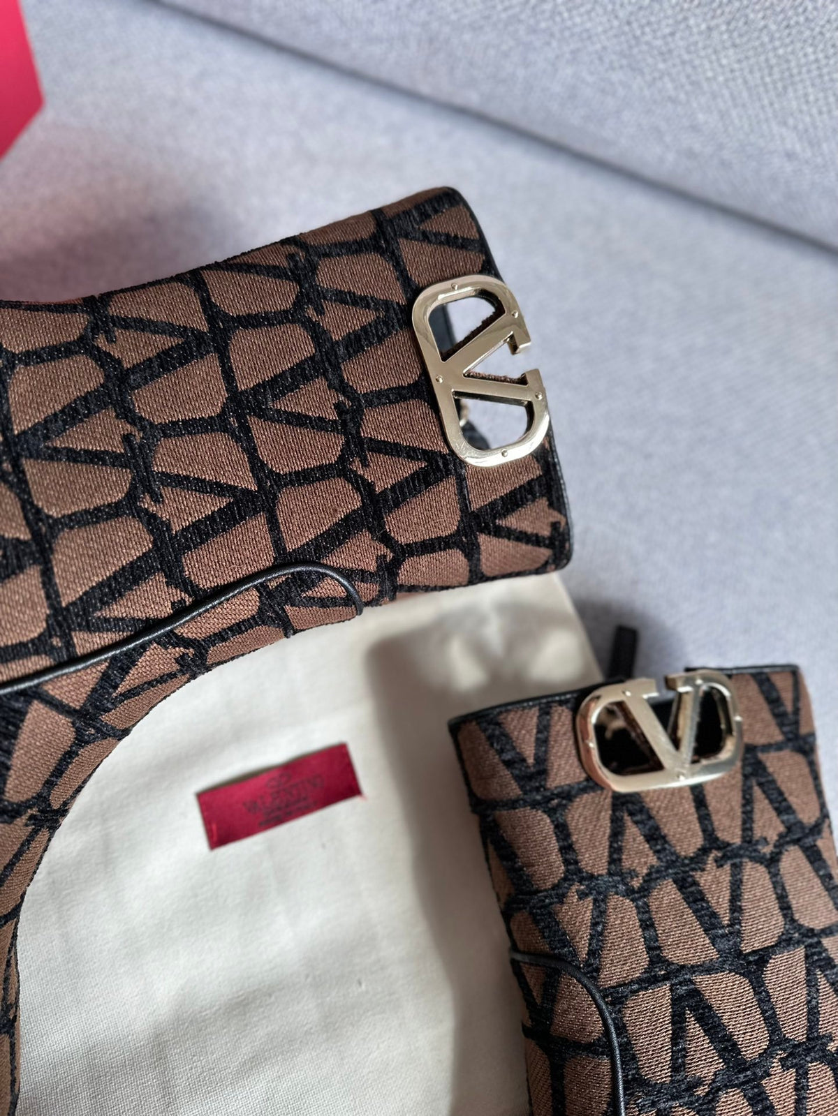 Valentino Women Brown Fabric Logo Pattern Boots