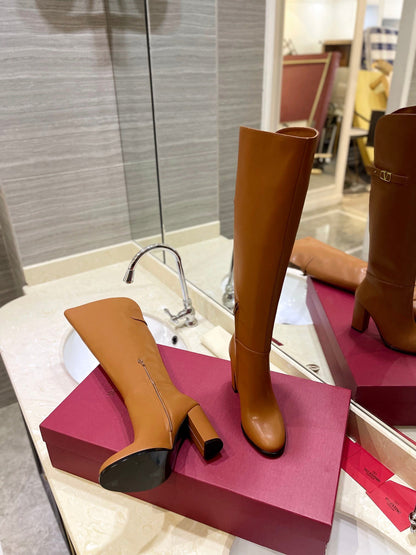 Valentino Women Brown Leather Knee High Boots