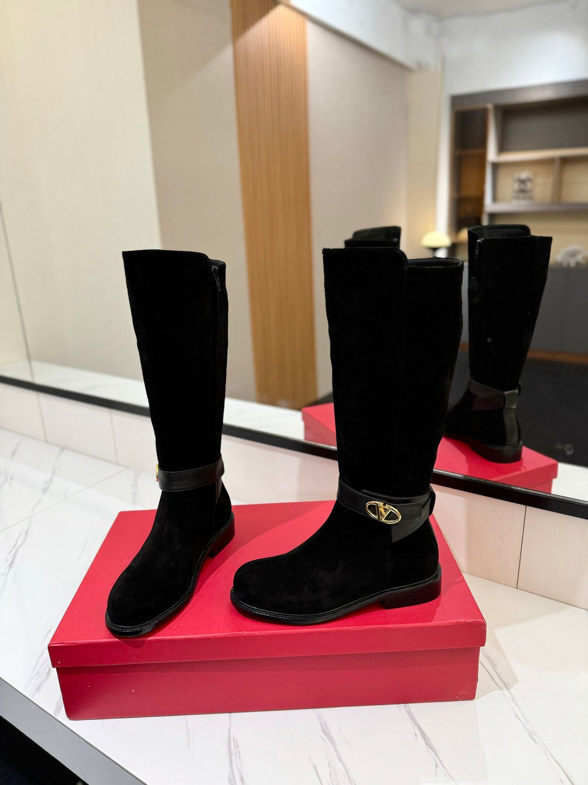 Valentino Women Black Suede Leather Strap Boots