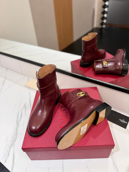 Valentino Women Burgundy Leather Ankle Boots